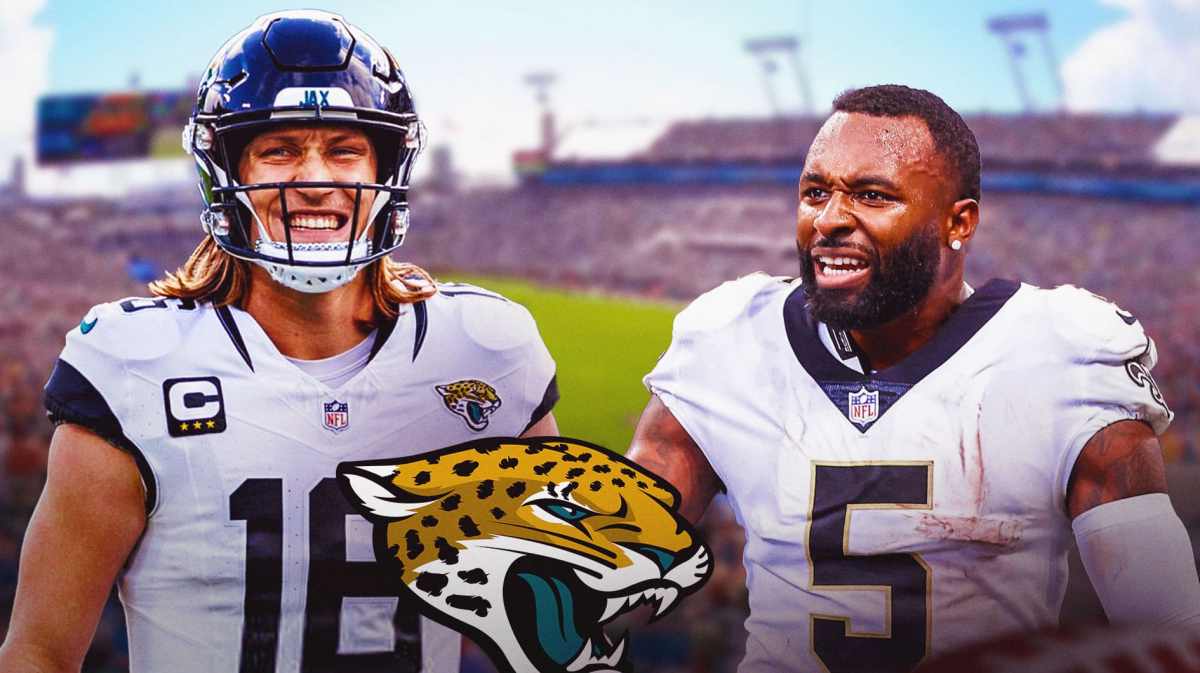 Jaguars' Trevor Lawrence stands next to Jarvis Landry, NFL Draft pick Brian Thomas Jr. in background