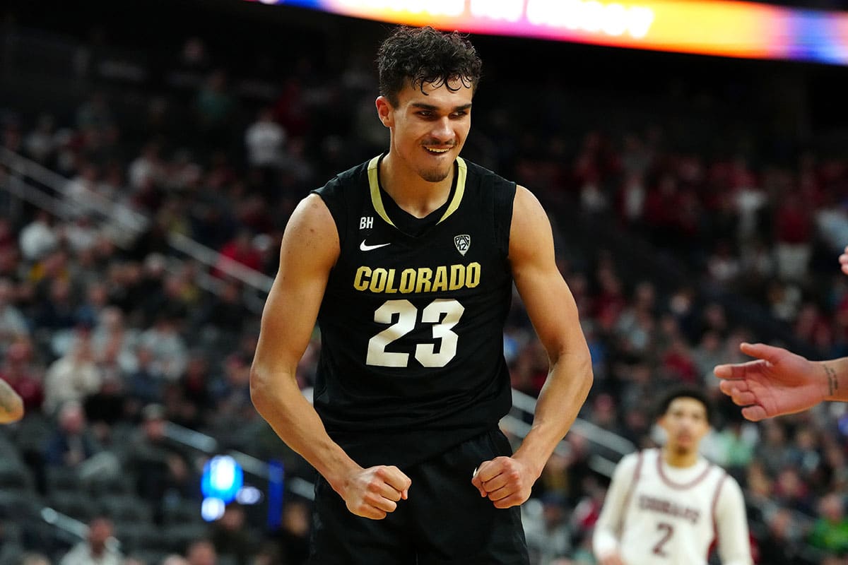 Colorado Buffaloes forward Tristan da Silva (23) celebrates after making a play against the Washington State Cougars during the second half at T-Mobile Arena.