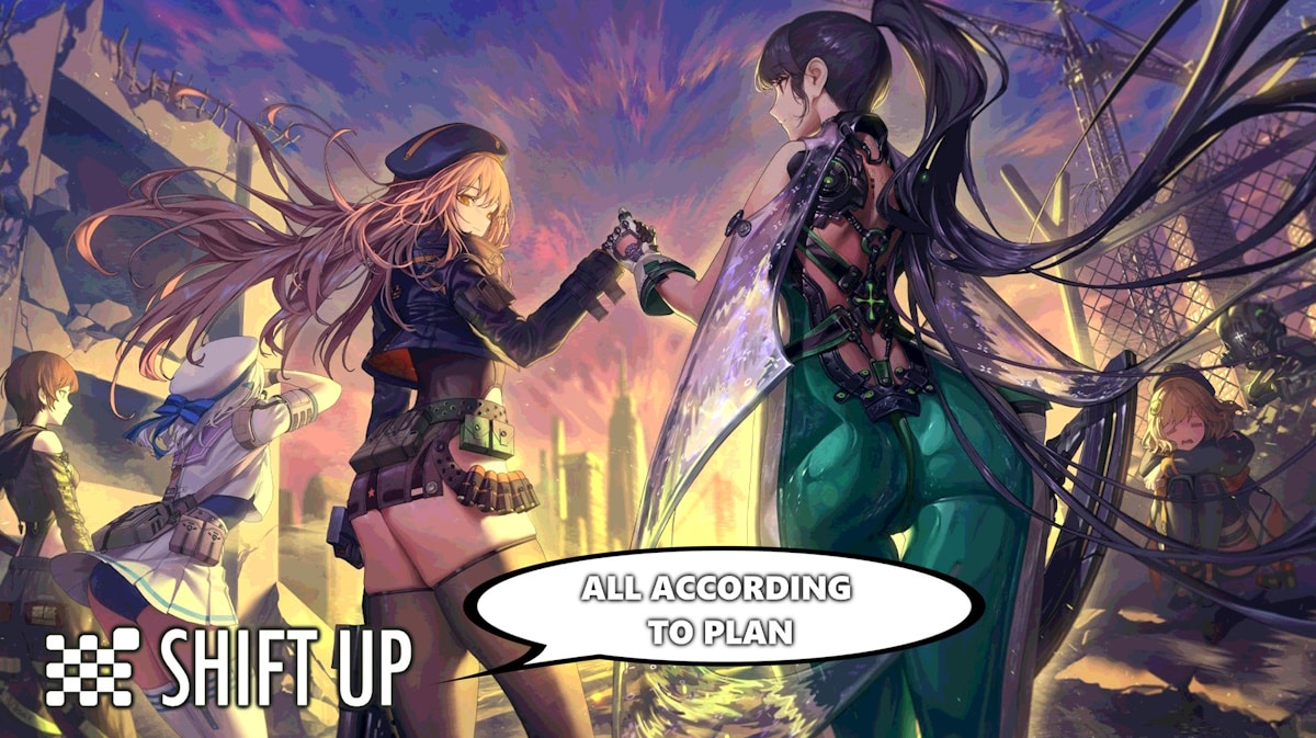 stellar blade nikke, stellar blade nikke collab, stellar blade collab, nikke collab, stellar blade, art of stellar blade and nikke together with the shiftup logo in one corner with a speech bubble that says all according to plan