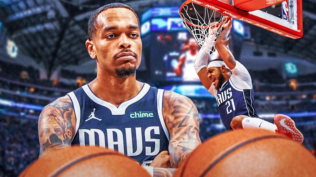 On left, Mavericks' PJ Washington doing his signature pose. On right, Mavericks' Daniel Gafford dunking a basketball.