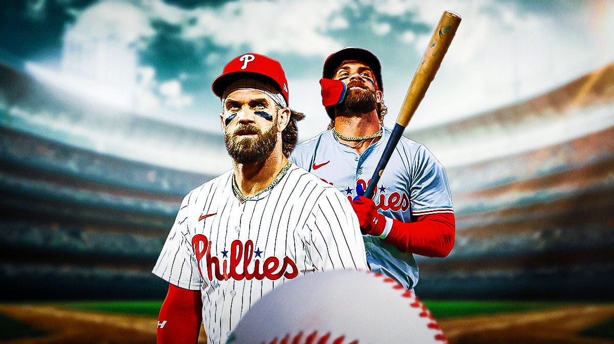 Philadelphia Phillies star Bryce Harper in front of Citizens Bank Park.