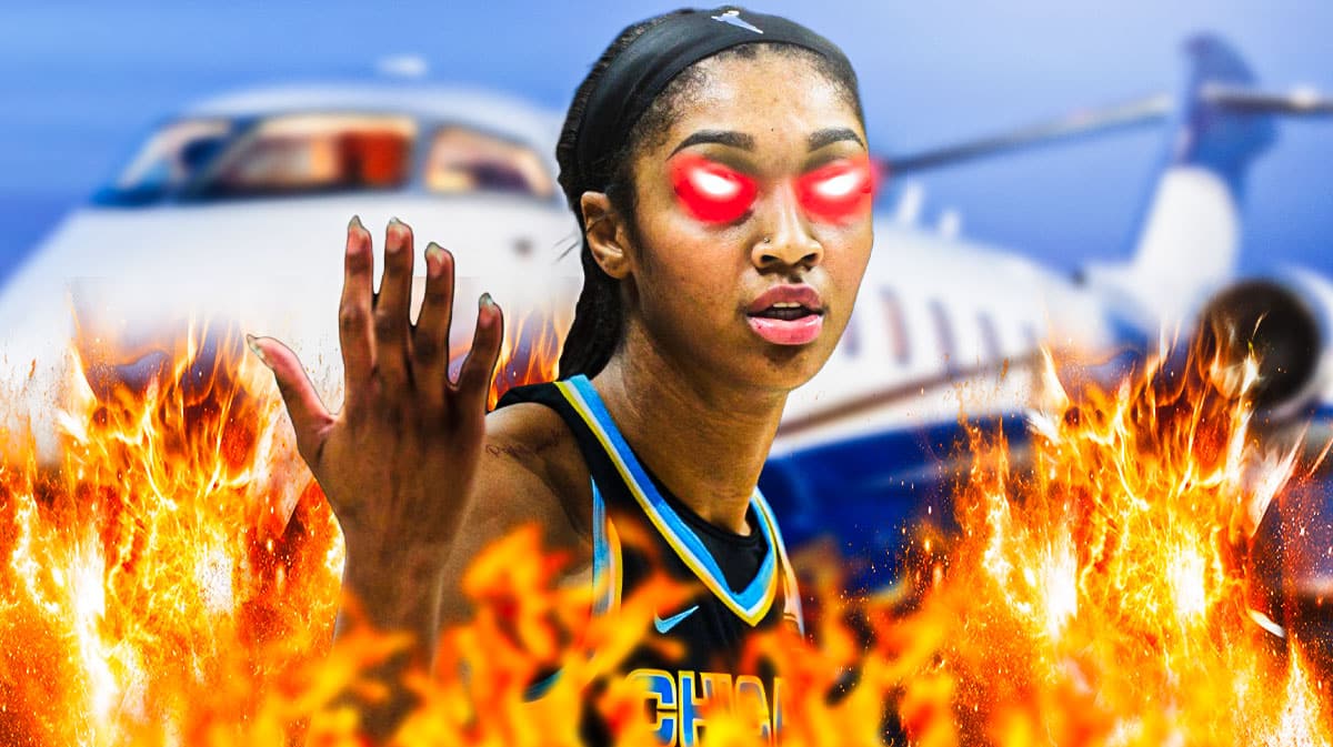 Chicago Sky player Angel Reese with the red laser eyes and with flames around her and a charter plane in the background