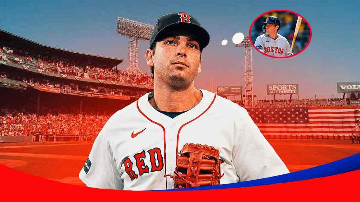 Triston Casas standing with a thought bubble and in the thought bubble is him swinging