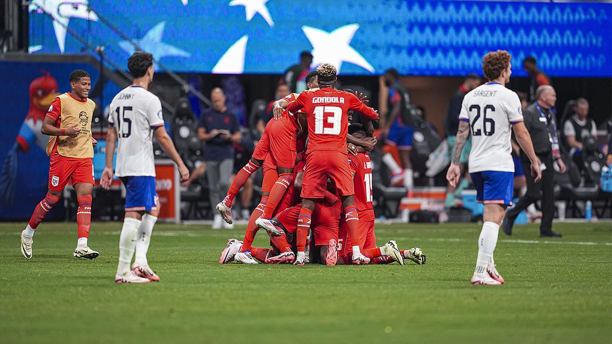 Panama players react after defeating the United States at Mercedes-Benz Stadium.