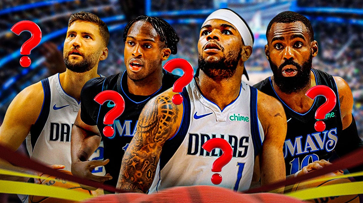 Mavericks' Jaden Hardy, Mavericks' Olivier-Maxence Prosper, Mavericks' Maxi Kleber, Mavericks' Tim Hardaway Jr. all in image. Have Hardy in front. Place question marks all around image.