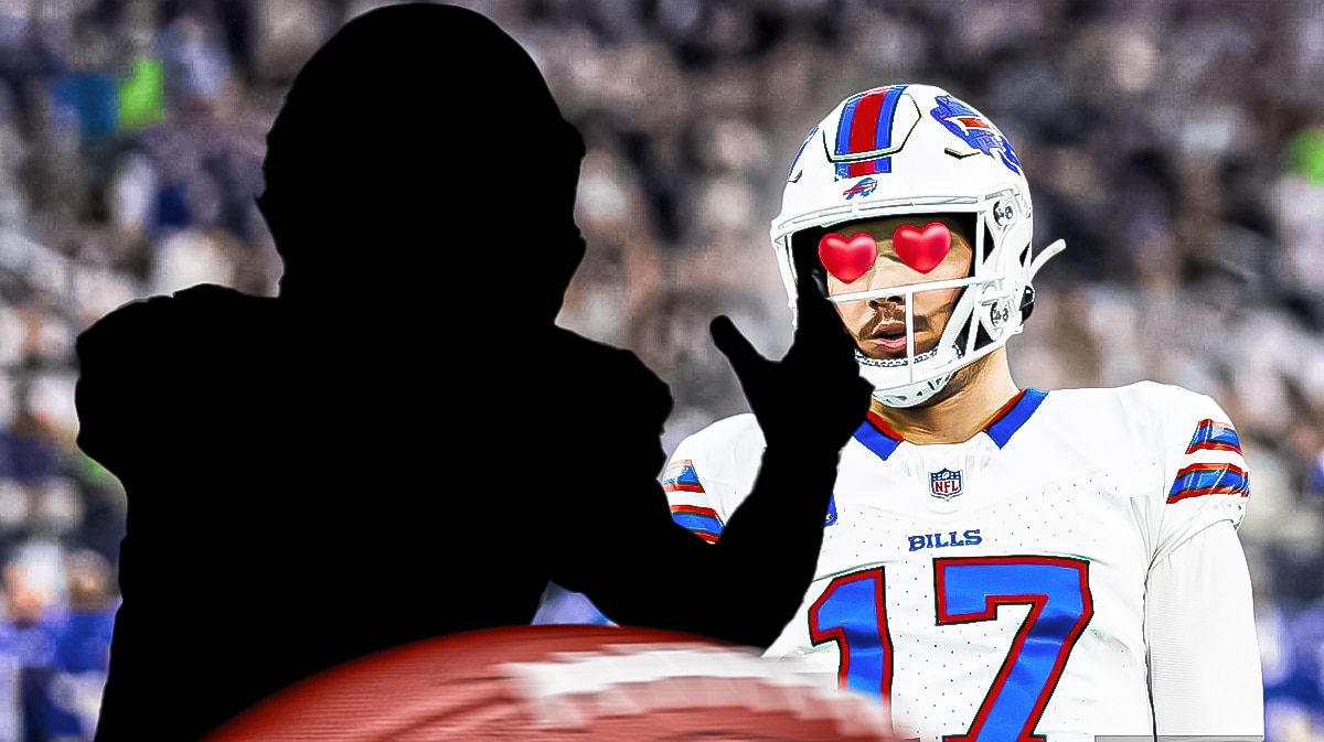 Bills QB Josh Allen with heart emjois for eyes looking at a silhouette of Hunter Renfrow catching a ball