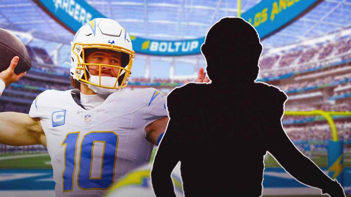Justin Herbert next to the blacked-out silhouette of Hunter Renfrow with SoFi Stadium as the background.