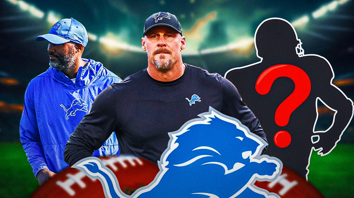 Detroit Lions head coach Dan Campbell with general manager Brad Holmes and a silhouette of an American football player with a big question mark emoji inside. There is also a logo for the Detroit Lions.