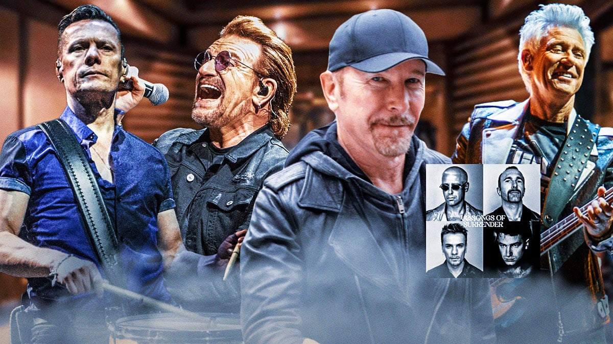 U2 members Larry Mullen Jr., Bono, The Edge, and Adam Clayton in a recording studio with Songs of Surrender.