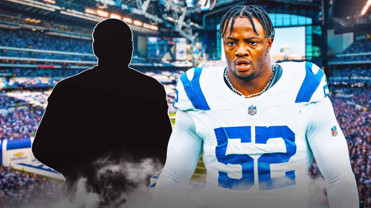 Samson Ebukam next to the blacked-out silhouette of Laiatu Latu with Lucas Oil Stadium as the background.