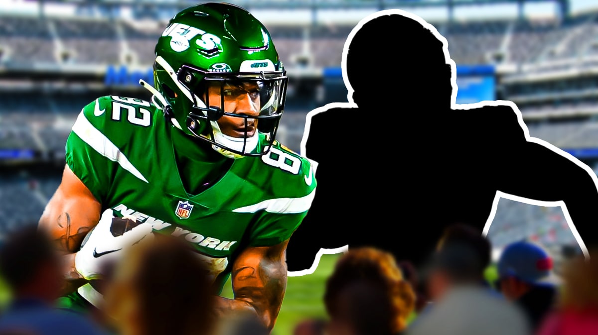 Xavier Gipson next to the blacked-out siilhouette of Malachi Corley with MetLife Stadium as the background.