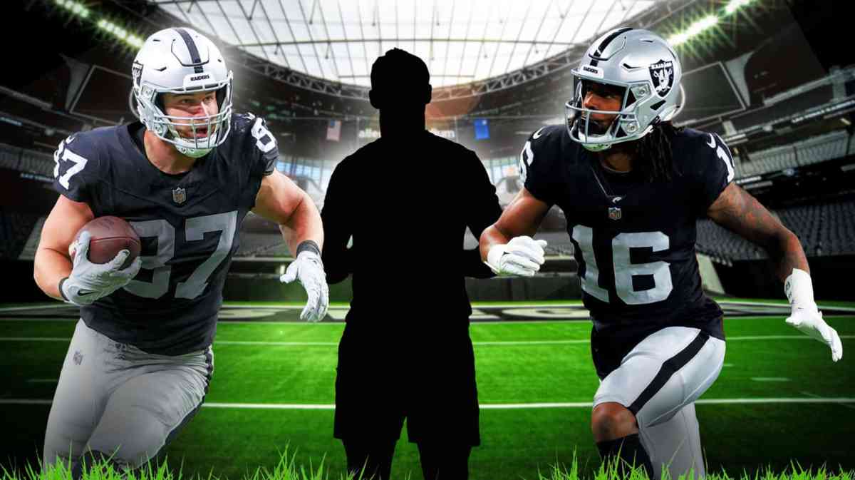 Raiders tight end Mike Mayer on the left, Jakobi Meyers on the right, and the blacked-out silhouette of Brock Bowers with Allegiant Stadium as the background.