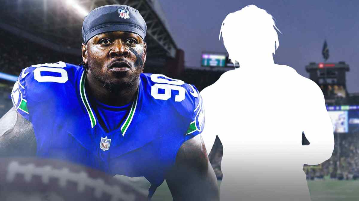 Jarran Reed next to the blacked-out silhouette of Byron Murphy II with Lumen Field as the background.