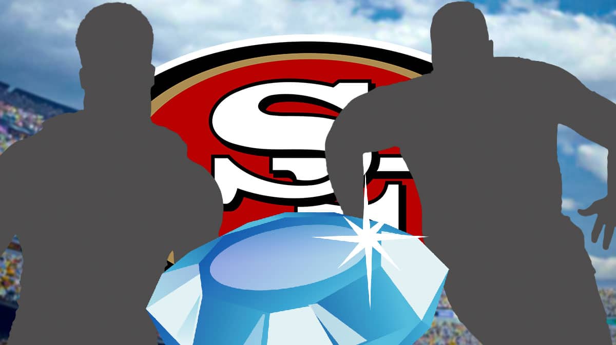 49ers logo background, shiny diamond in the middle with silhouette of Robert Beal Jr. on one side and silhouette of Drake Nuget on the other.