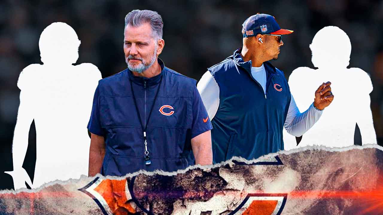 Matt Eberflus and Ryan Poles with two mystery player silhouettes