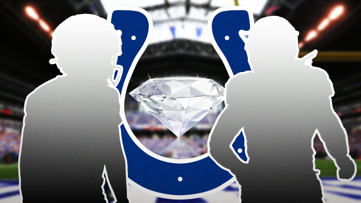 Colts logo background, shiny diamond in the middle with silhouette of Anthony Gould on one side and silhouette of Jelani Woods on the other.