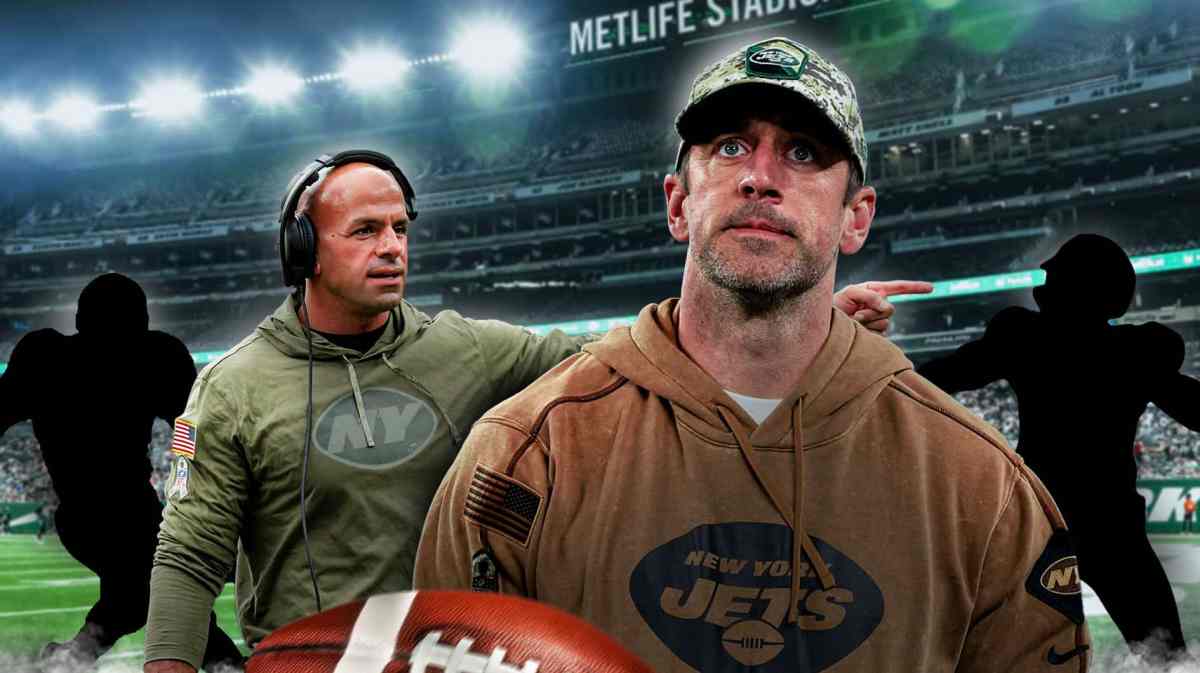 Aaron Rodgers and Robert Saleh with two mystery player silhouettes