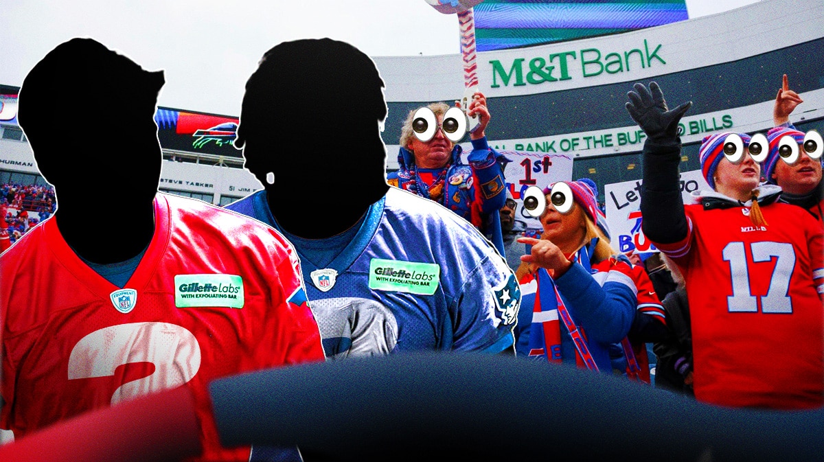 Two silhouettes of football players on one side, a bunch of New England Patriots fans with the big eyes emoji over their faces on the other side