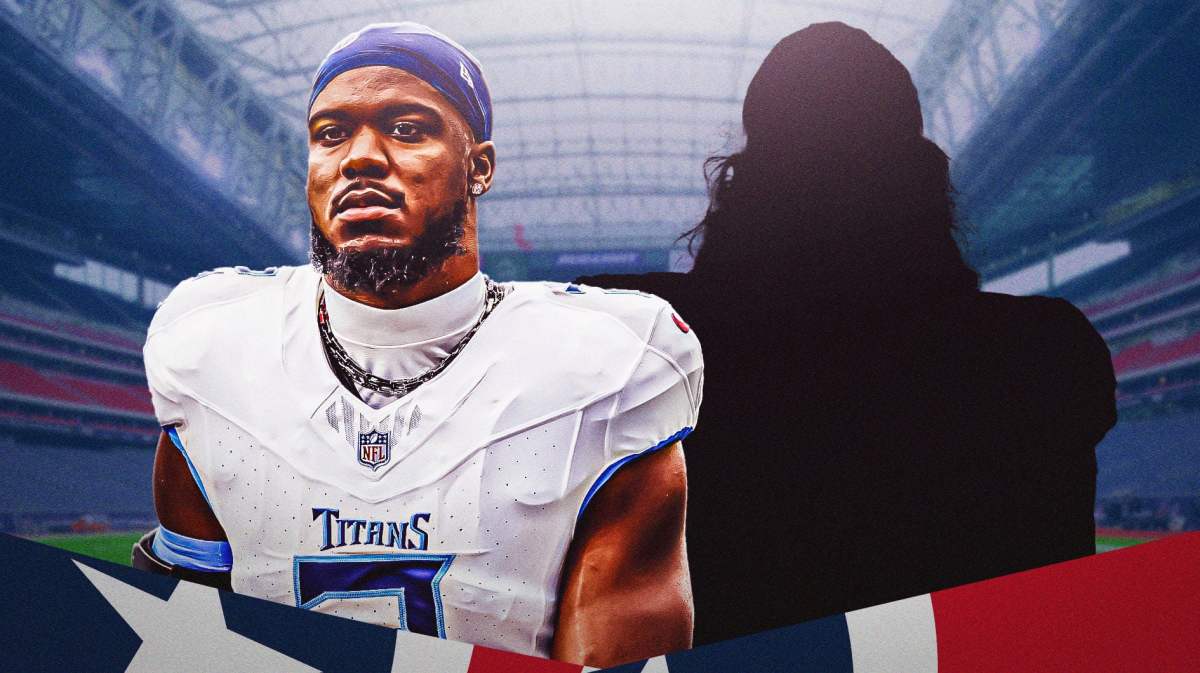 Azeez Al-Shaair next to the blacked-out silhouette of Ben Skowronek with NRG Stadium as the background.