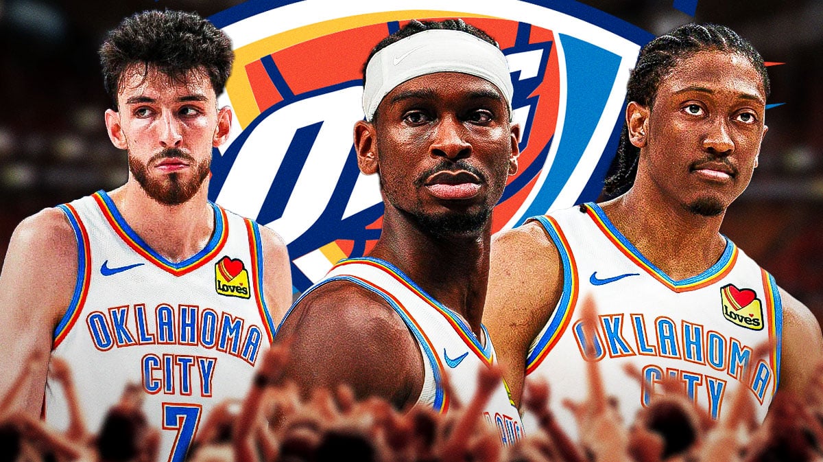 Shai Gilgeous-Alexander, Jalen Williams and Chet Holmgren all in image, Oklahoma City Thunder logo, basketball court in background