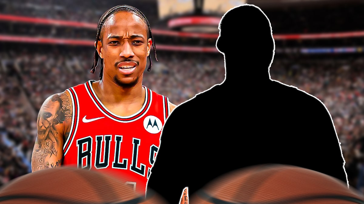 DeMar DeRozan next to the blacked-out silhouette of Andre Drummond with the Well Fargo Center as the background.