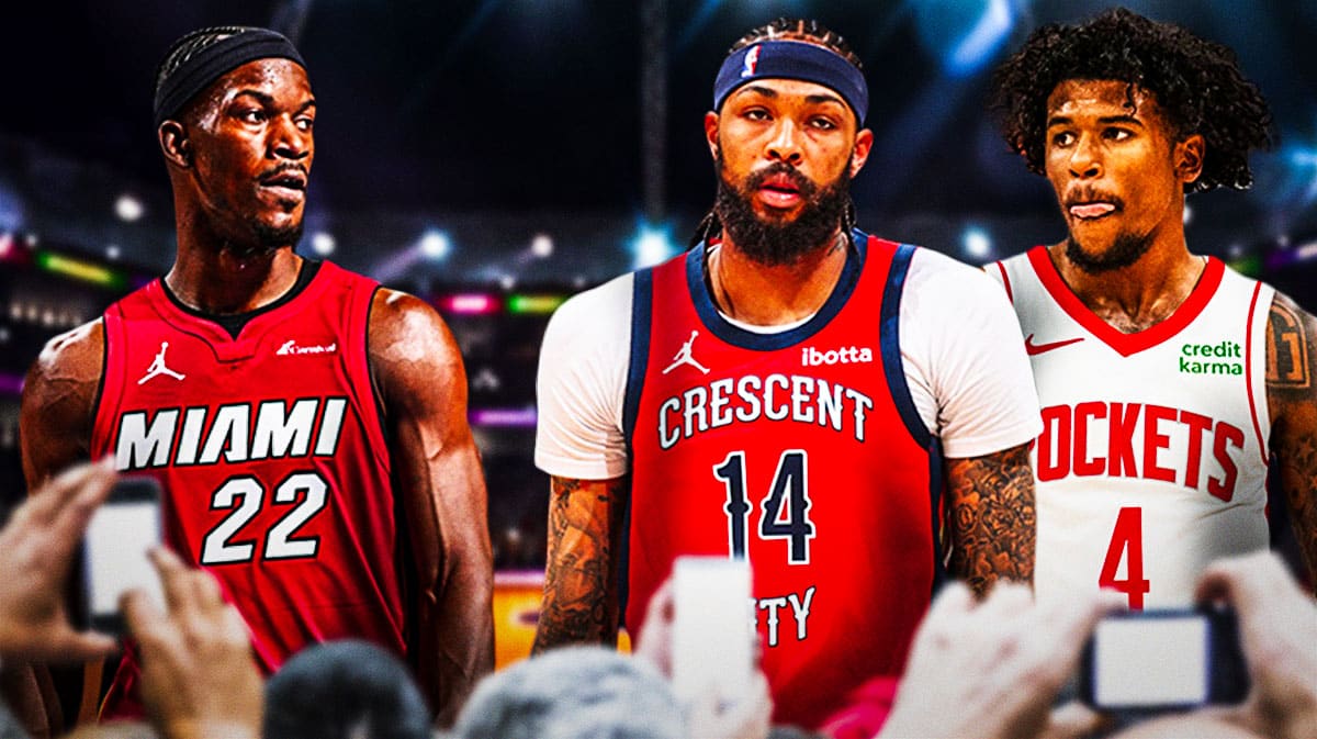 Heat's Jimmy Butler looking serious, with Pelicans' Brandon Ingram and Rockets' Jalen Green hovering behind