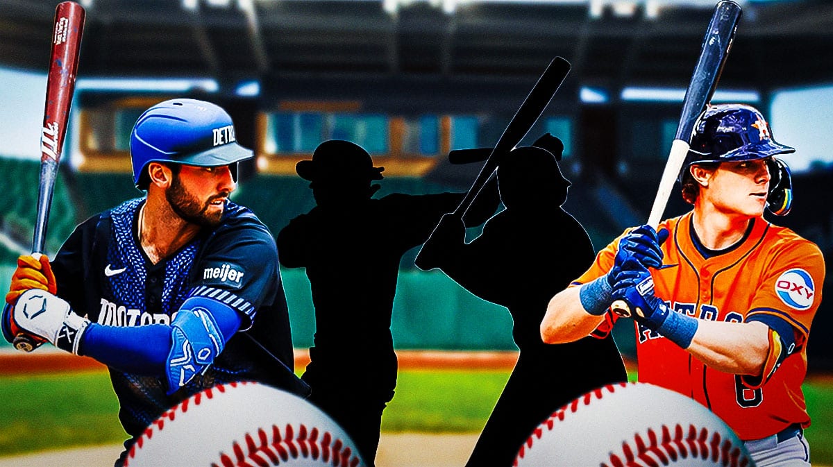 Tigers Matt Vierling next to Astros Jake Meyers and a pair of silhouettes.