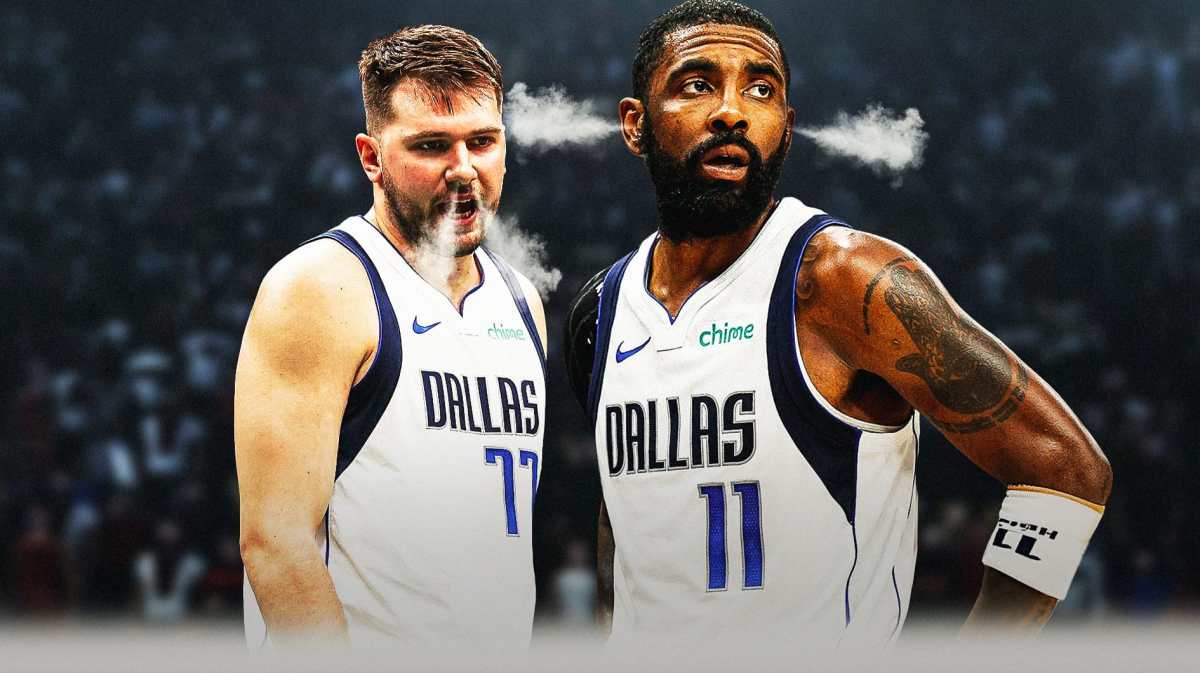 Mavericks' Luka Doncic with smoke coming out of his ears looking angry. Mavericks' Kyrie Irving with smoke coming out of his ears looking angry.