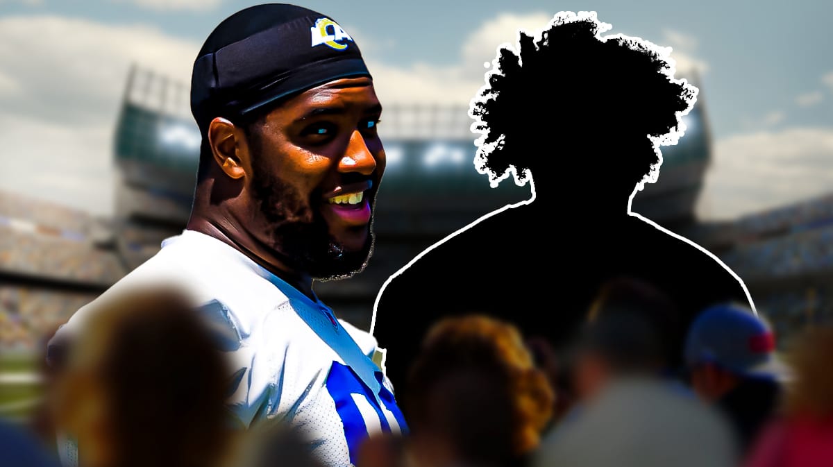 Kobie Turner next to the blacked-out silhouette of Steve Avila with Sofi Stadium as the background.