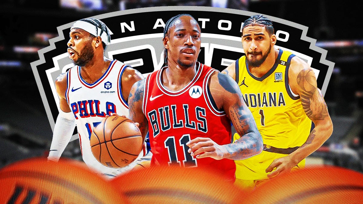 Spurs logo, images of DeMar DeRozan, Buddy Hield, Obbi Toppin
