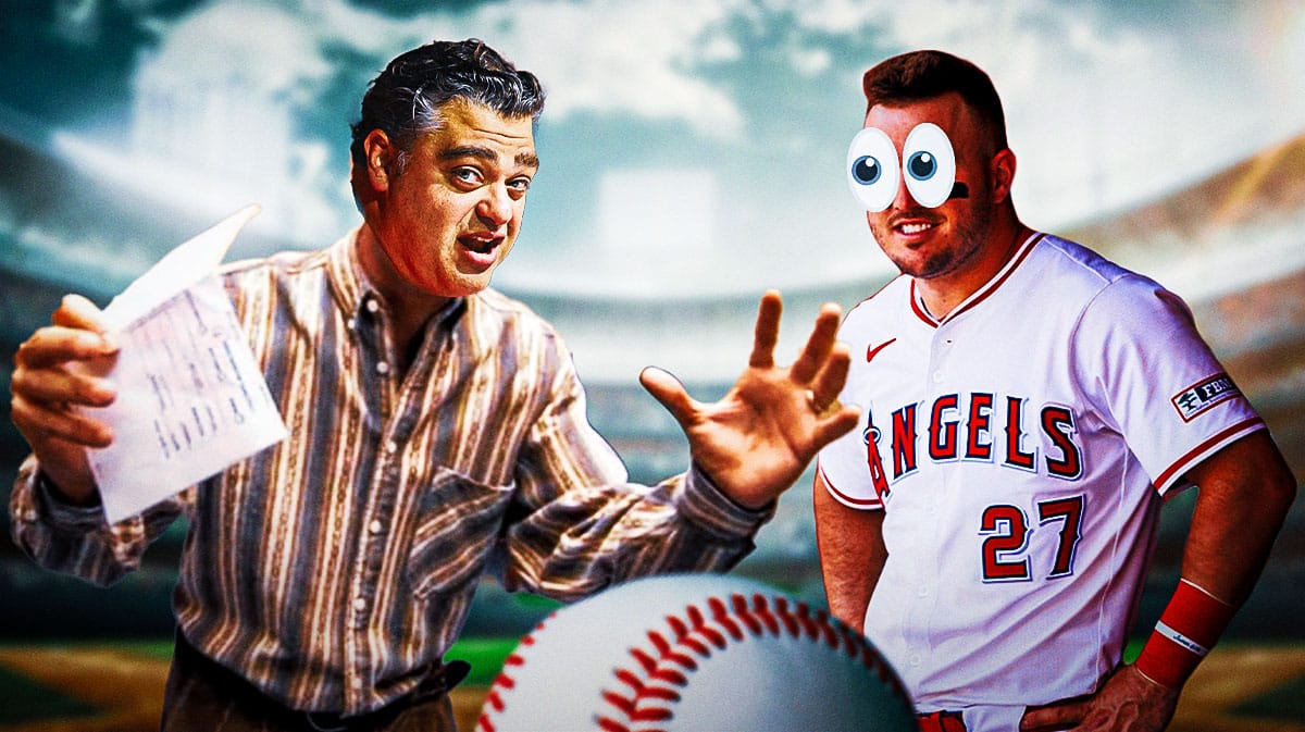 Angels GM Perry Minasian's head on Arrested Development's Tobias Funke with Mike Trout looking at him with big cartoon eyes