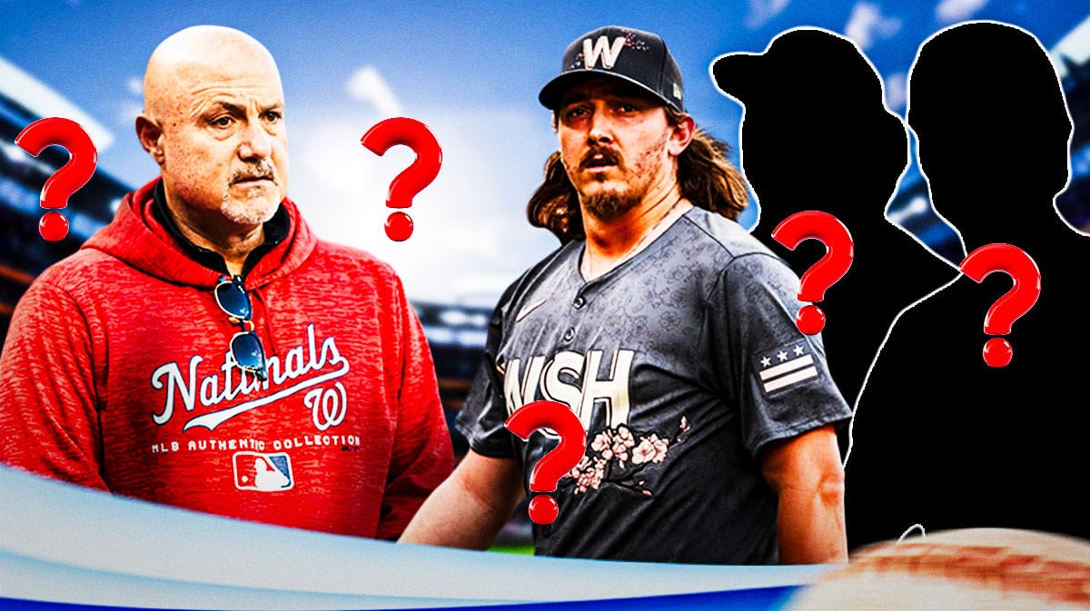 Nationals' Mike Rizzo looking at Hunter Harvey, with silhouettes of Kyle Finnegan and Lane Thomas beside Harvey, question marks all over