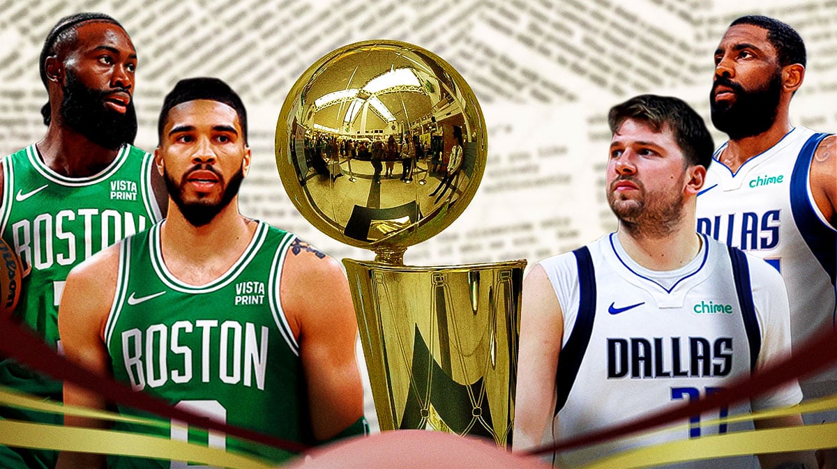 A newspaper as the background, the Larry O'Brien trophy in the middle, Jayson Tatum and Jaylen Brown on one side, Luka Doncic and Kyrie Irving on the other side
