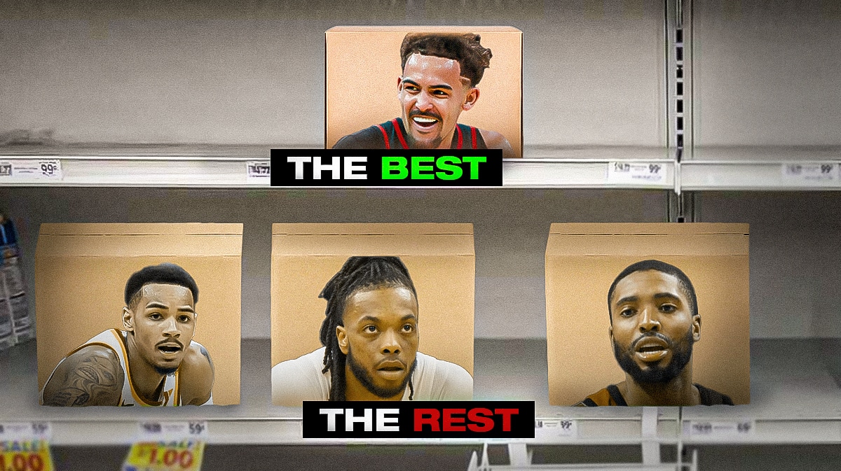 A grocery store shelf with a Trae Young headshot over a THE BEST label and a Dejounte Murray, Darius Garland, Mikal Bridges headshots under a THE REST label