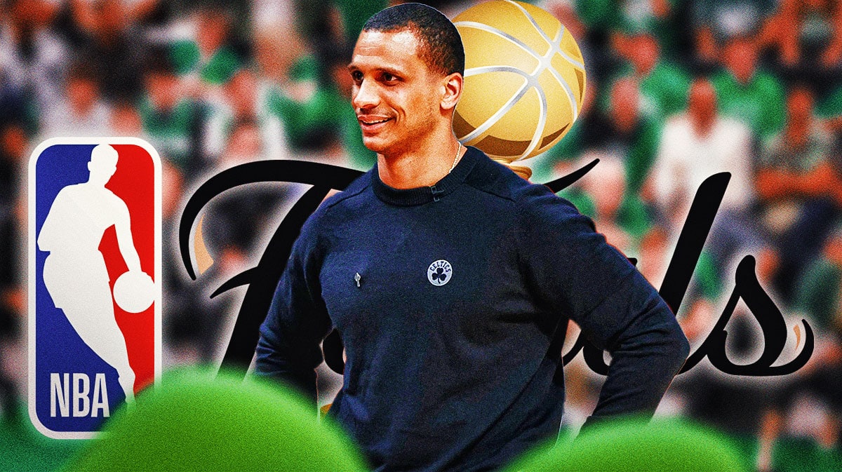 Celtics' Joe Mazzulla smiling on an NBA Finals background