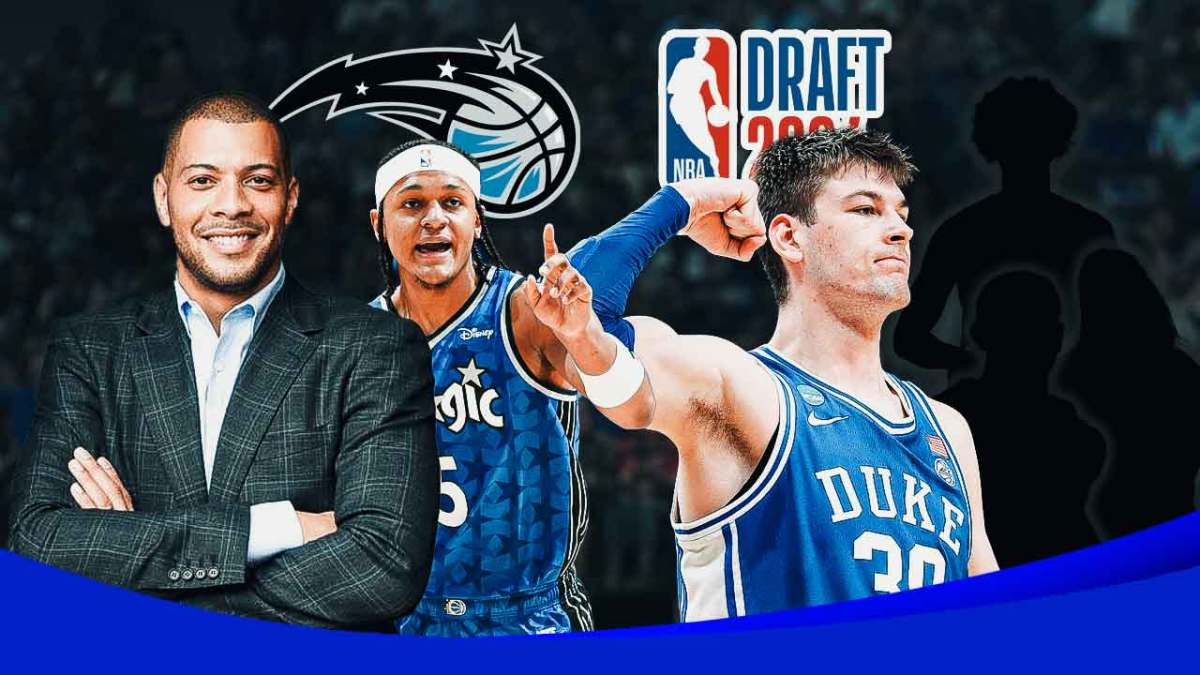 Anthony Parker (in a suit as a member of Magic front office) and Paolo Banchero on one side of the graphic. On the other side of the graphic surrounded by a big red "no" symbol is Kyle Filipowski and three silhouettes. NBA Draft logo and Magic logo on graphic.