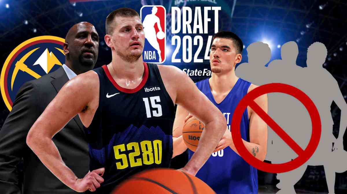 Calvin Booth and Nikola Jokic on one side of the graphic. On the other side is Zach Edey and three silhouettes. Edey and the silhouettes are in a red "no" symbol. NBA Draft logo and Nuggets logo on graphic.