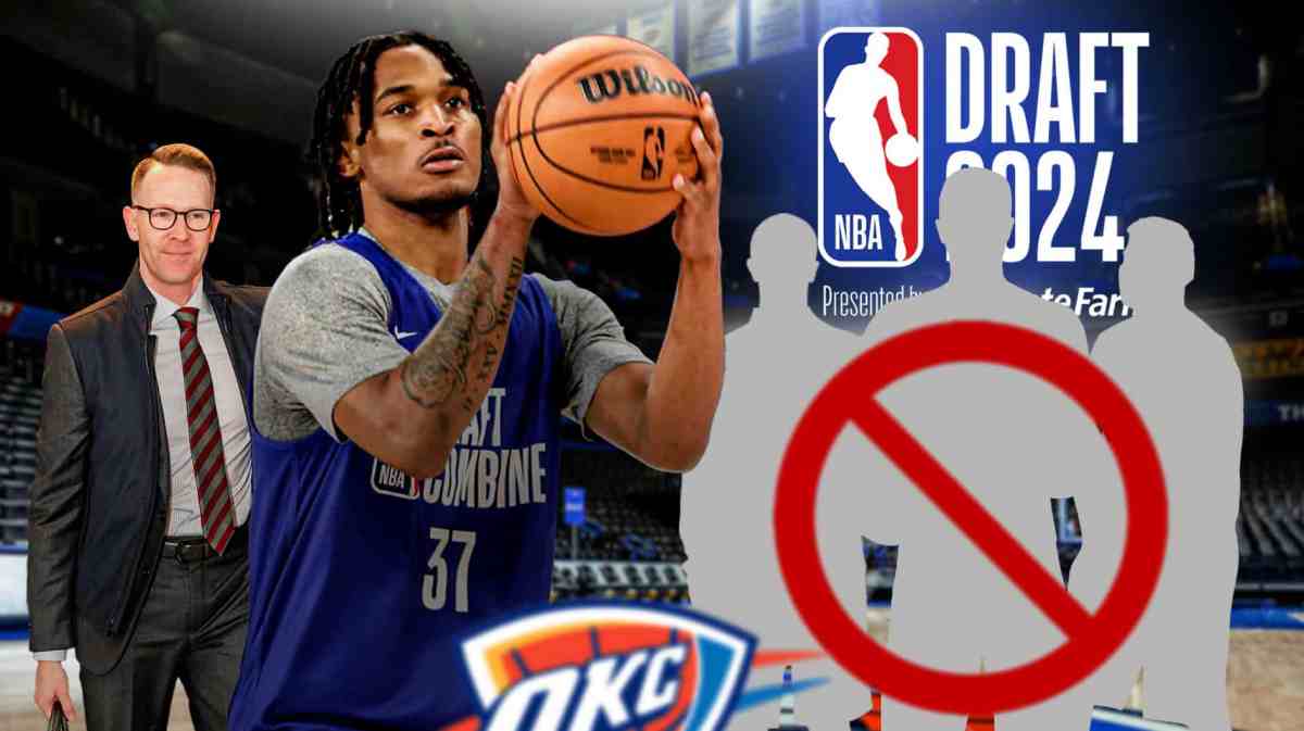 Stephon Castle and three silhouettes together. Large red no symbol around Castle/the silhouettes. Thunder logo and 2024 NBA Draft logo in front. Thunder stadium as the background. Sam Presti also on the graphic.
