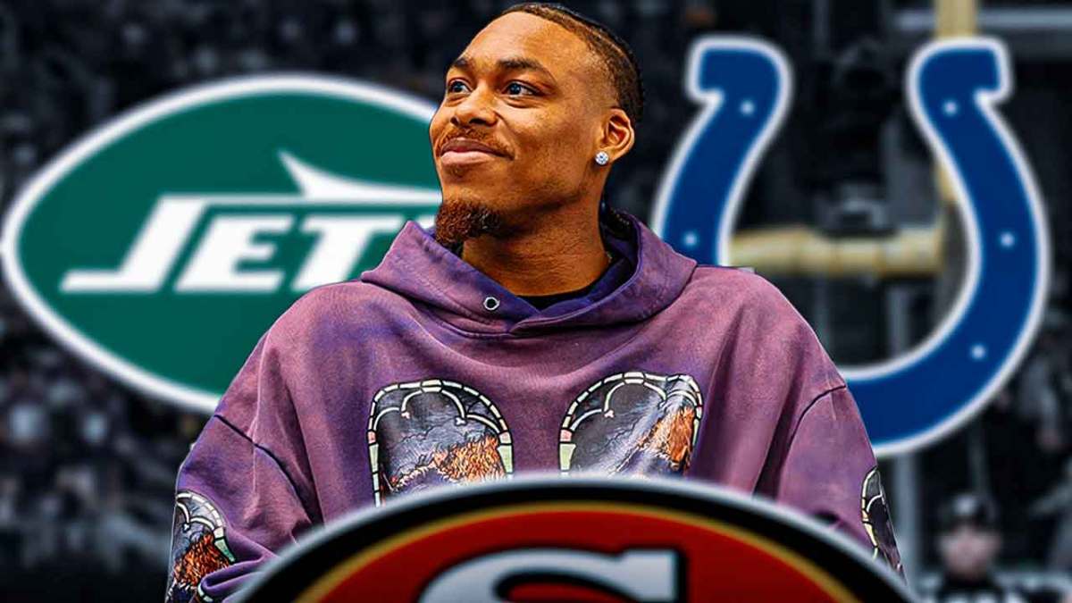 Justin Jefferson in the middle with San Francisco 49ers, New York Jets and Indianapolis Colts logos