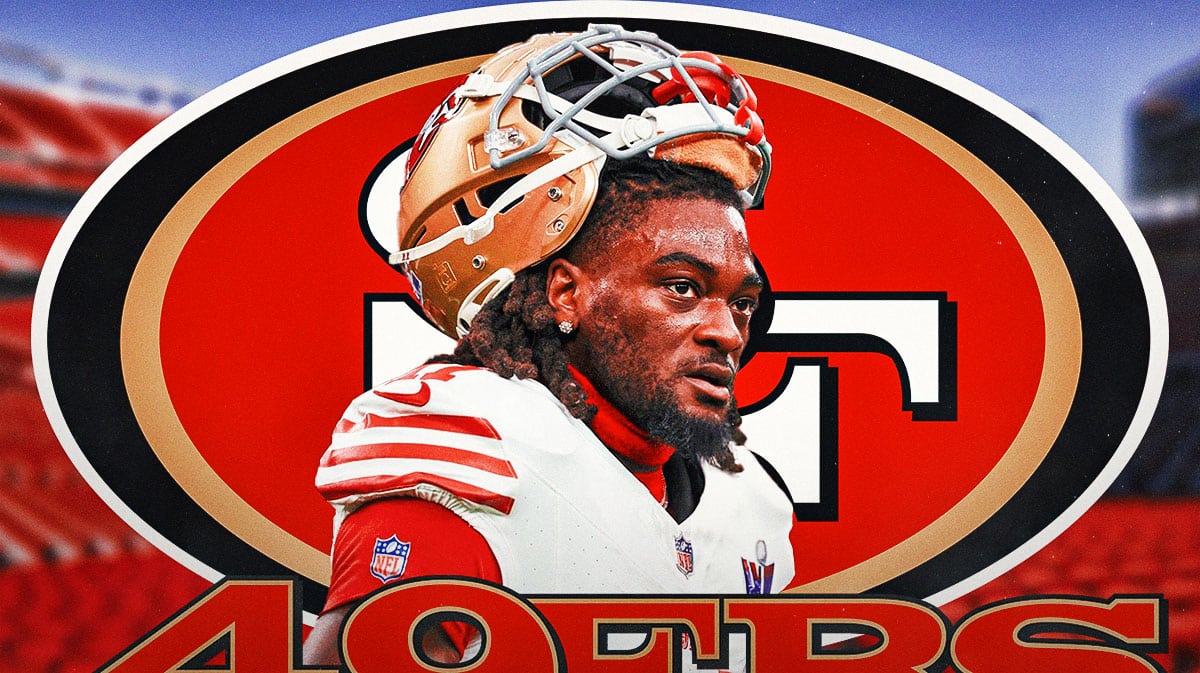 49ers' Brandon Aiyuk looks at contract negotiators during NFL free agency period, Super Bowl 58 logo in background