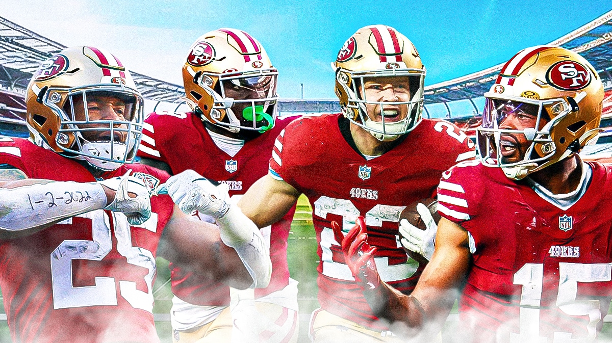 49ers Elijah Mitchell, 49ers Deebo Samuel, 49ers Christian McCaffrey, and 49ers Jauan Jennings all in image.