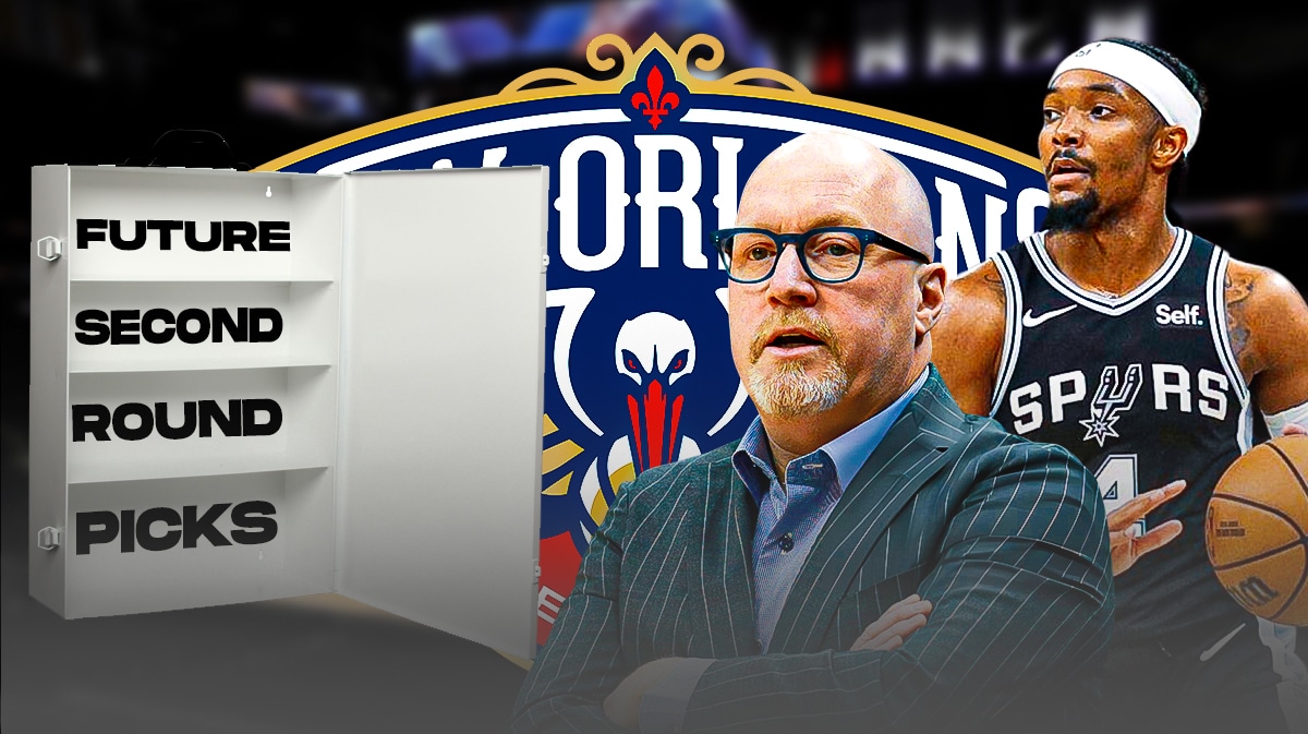 Pelicans David Griffin next to Spurs Devonte' Graham and a future second round draft pick cabinet