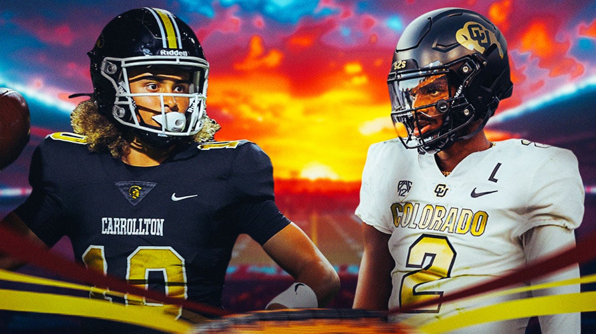 USC football commit Julian Lewis on the left, with Colorado's Shedeur Sanders on the right.