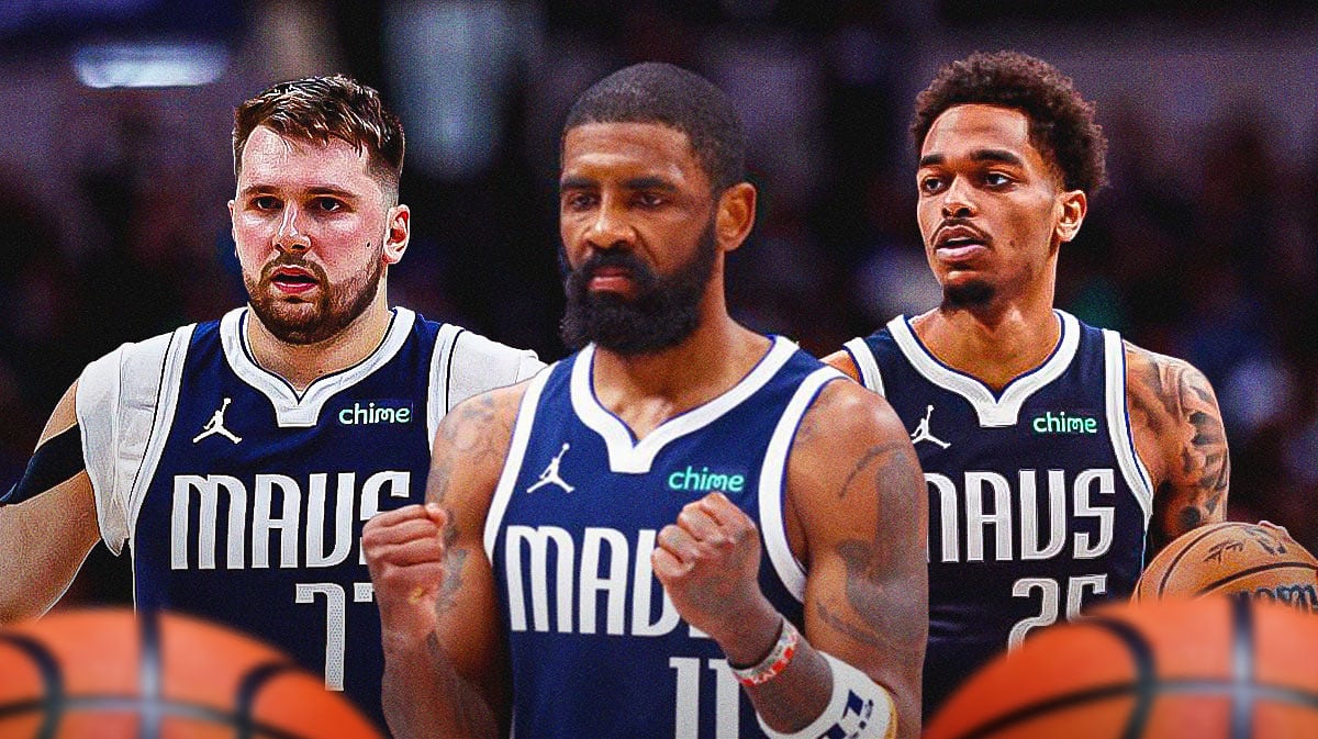 Dallas Mavericks stars Kyrie Irving, Luka Doncic, and PJ Washington in front of American Airlines Center.
