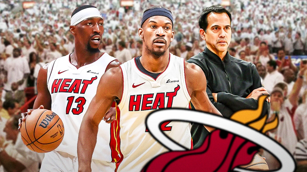 Miami Heat stars Jimmy Butler, Bam Adebayo, and head coach Erik Spoelstra in front of the Kaseya Center.