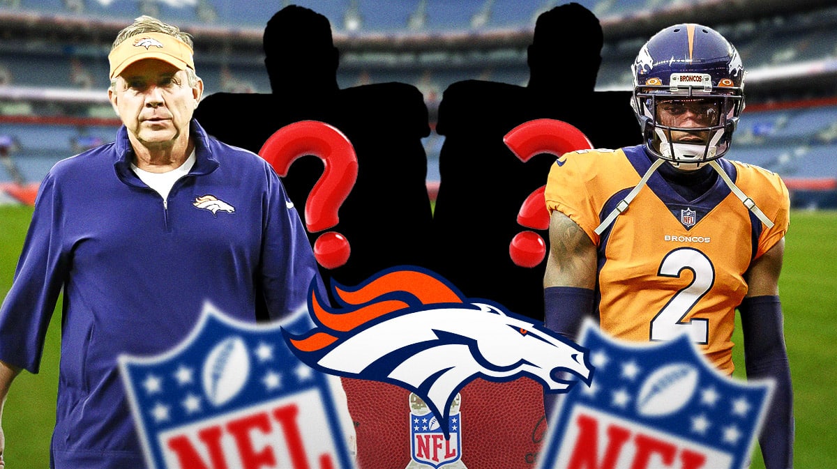 Denver Broncos head coach Sean Payton with cornerback Patrick Surtain II and two silhouettes of American football players with big question mark emojis inside. There is also a logo for the Denver Broncos.