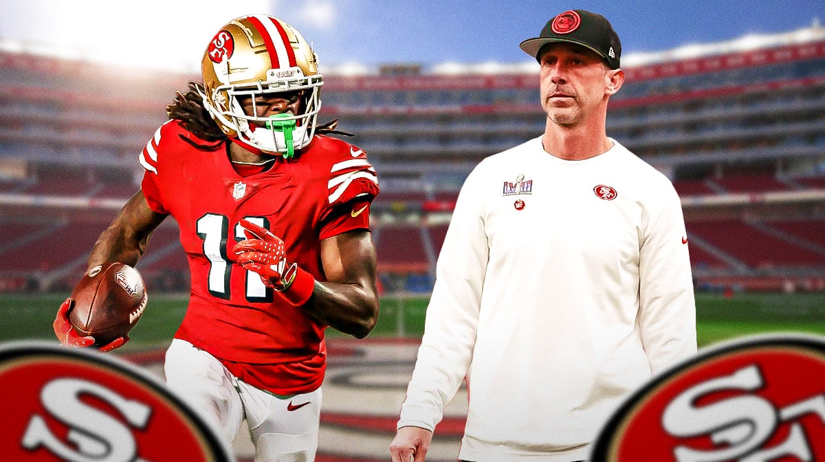 Brandon Aiyuk and Kyle Shanahan with Levi's Stadium in background