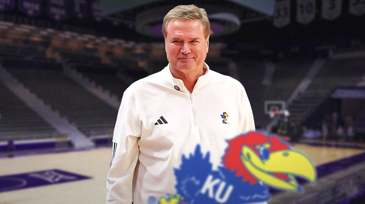 Kansas basketball, Jayhawks, Bill Self, Flory Bidunga, Hunter Dickinson, Bill Self with Kansas basketball arena in the background