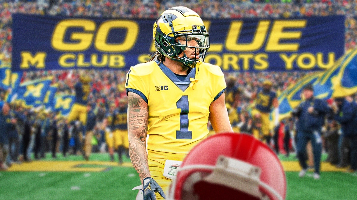 Michigan football, Ja'Den McBurrows, Wolverines, Ja'Den McBurrows Michigan, Michigan offseason, Ja'Den McBurrows in Michigan uni with Michigan football stadium in the background