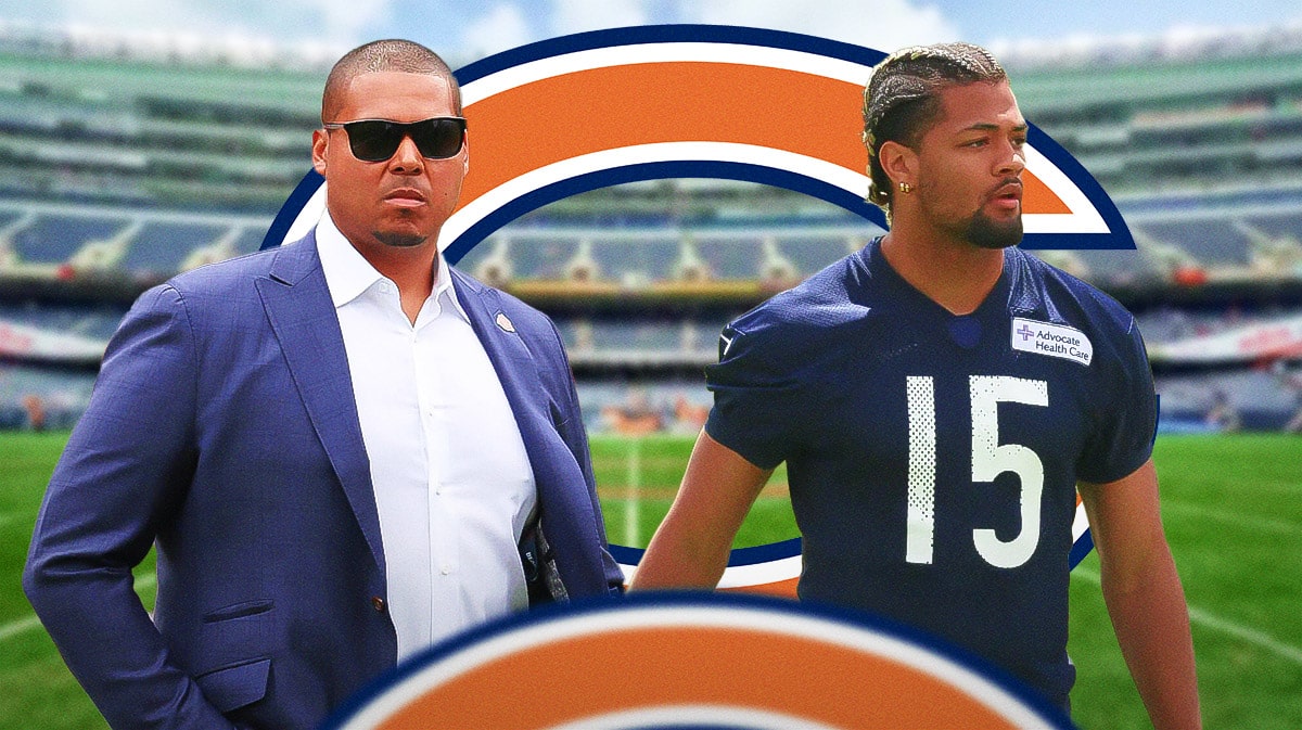 Chicago Bears general manager Ryan Poles with wide receiver Rome Odunze. There is also a logo for the Chicago Bears.